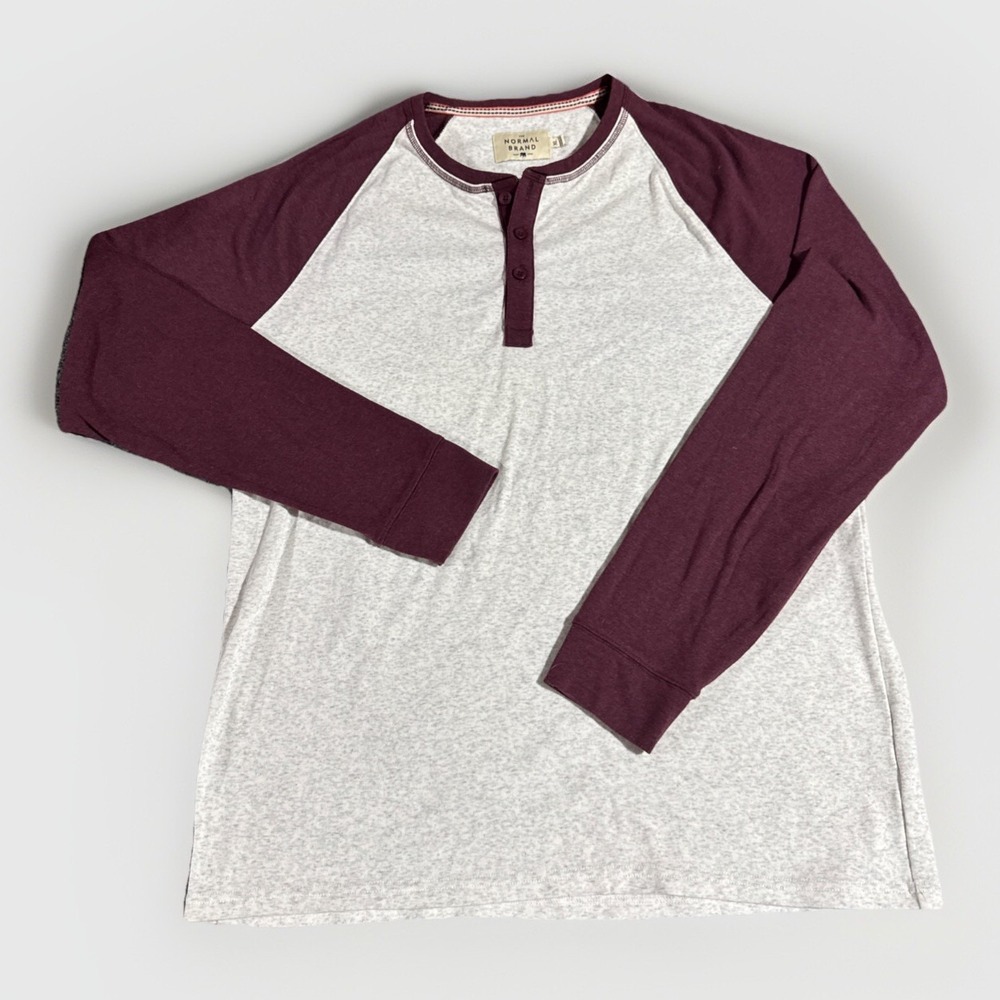 The Normal Brand Shirt Men XL Puremeso Raglan Henley Maroon Beige‎ Logo Bear